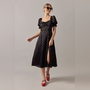 Francesca's Etta Smock Sleeve Black  Floral Rose Floral Satin Midi Dress